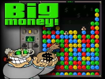 Spiel Big Money online: Klick auf Gruppen von drei oder mehr M�nzen, um diese einzusammeln. Durch das Einsammeln von M�nzen wird der Geld-O-Mat links gef�llt. Wenn er voll ist, f�llt ein Geldsack herunter. Schnappst du ihn, um weiter zu kommen!